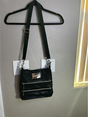 Betsey Johnson Black Crossbody Bag with Gold Lightning Bolt Zippers